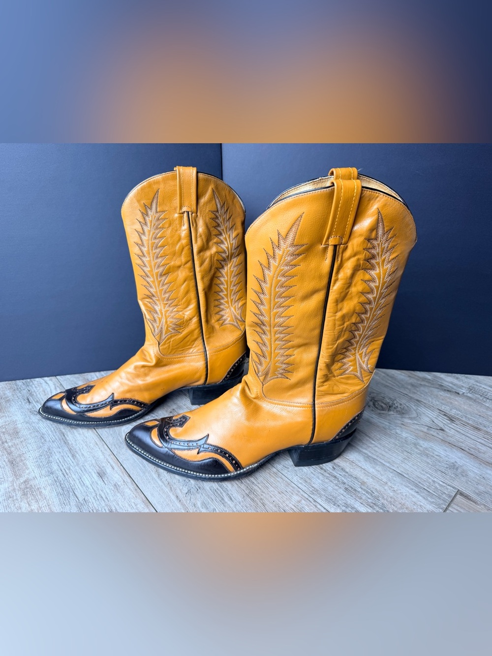 Vintage Tony Lama Cowboy Boots Men's 12D Yellow Black Wingtip Western Leather US